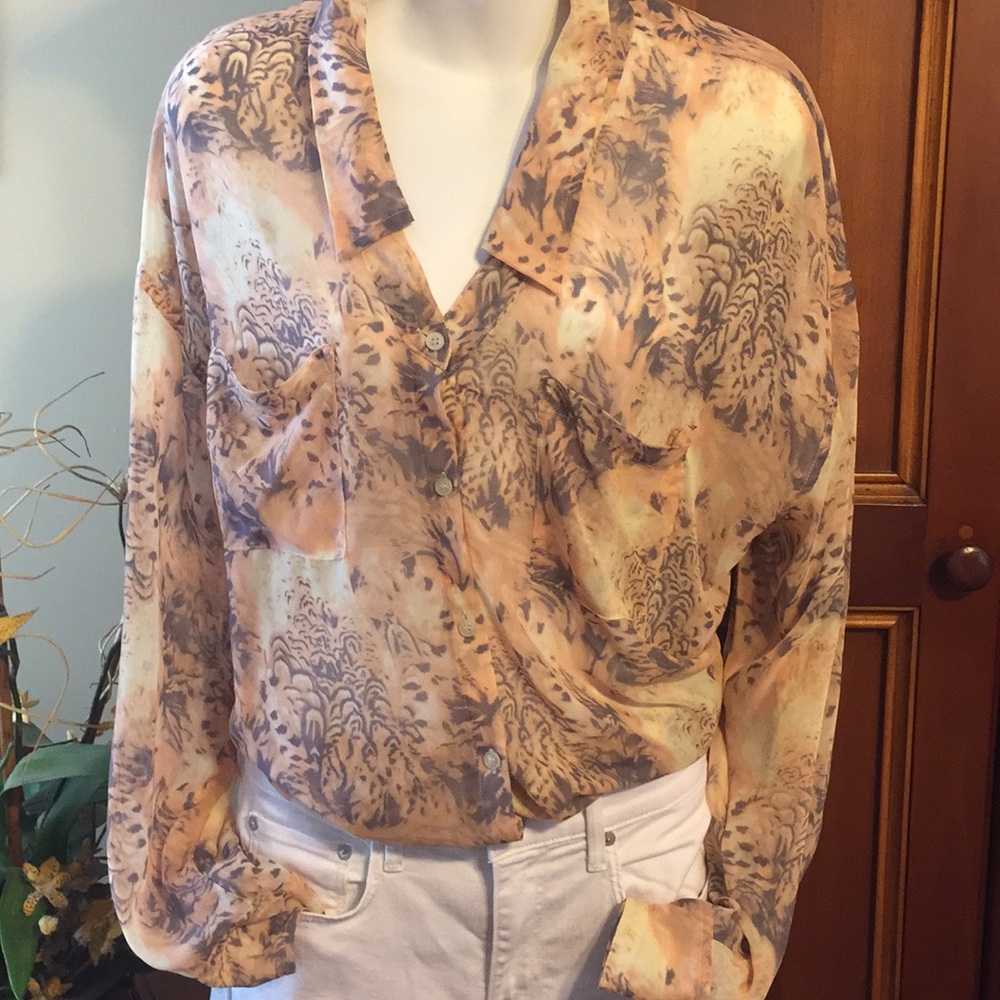 Free People Peach and Lavender Sheer Button-Down Blouse
